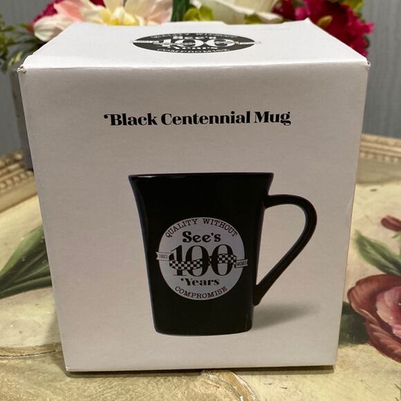 See’s Candies 100 Years Black Centennial Mug Checkered Handle New in Box NIB - Picture 2 of 16